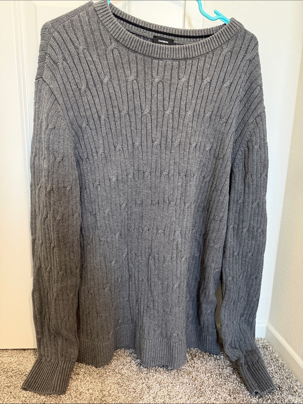 Express Men's Gray Cable Crewneck Sweater